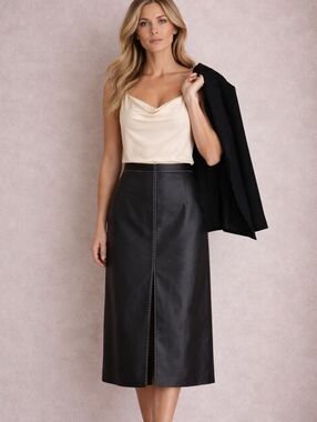 Rudsak| Luxury Black Leather Mid Skirt Contrast Stitching Inverted Slit